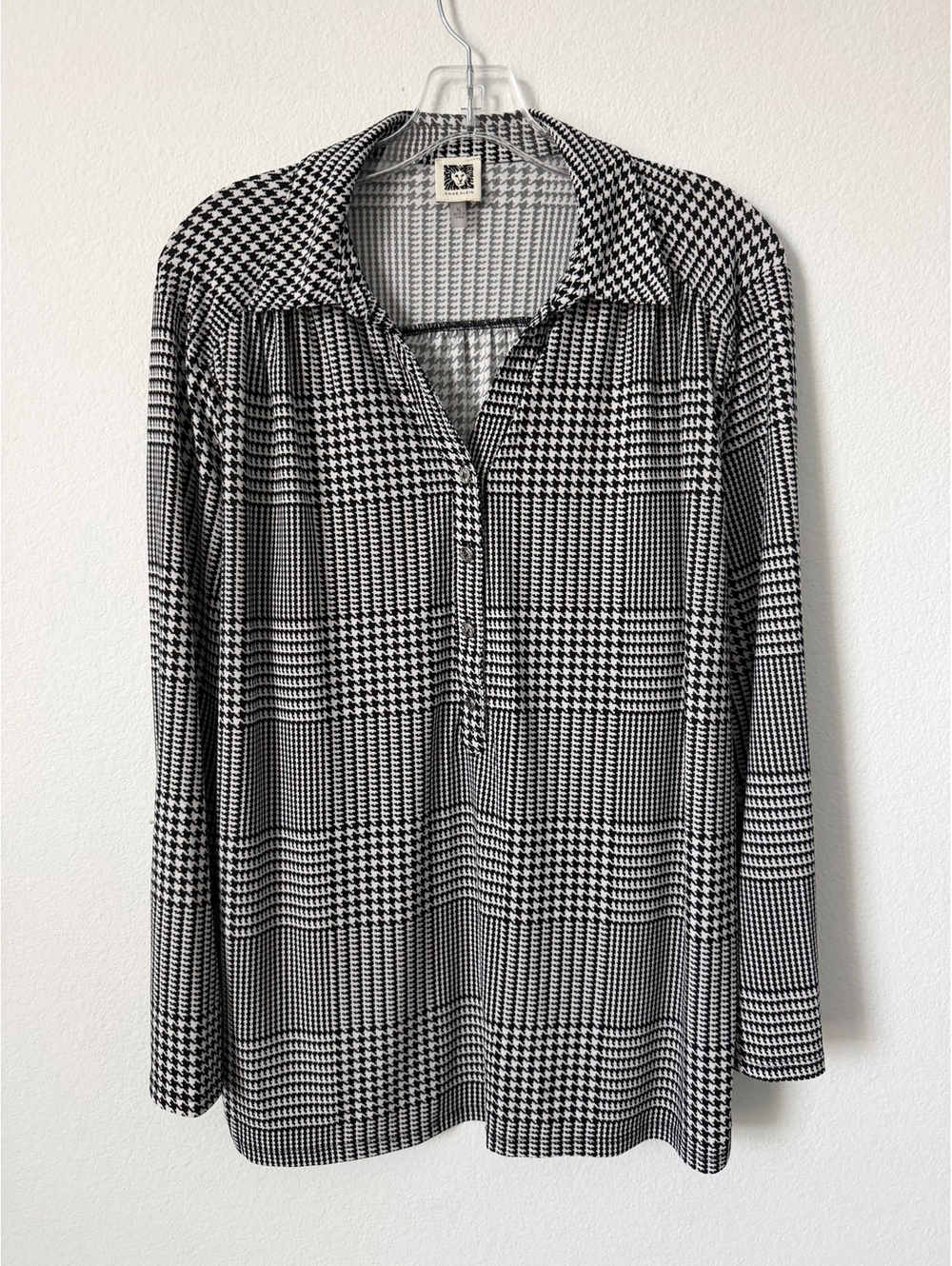 Anne Klein Long Sleeve Collared 1/2Button Black/White Houndstooth Blouse Size XL